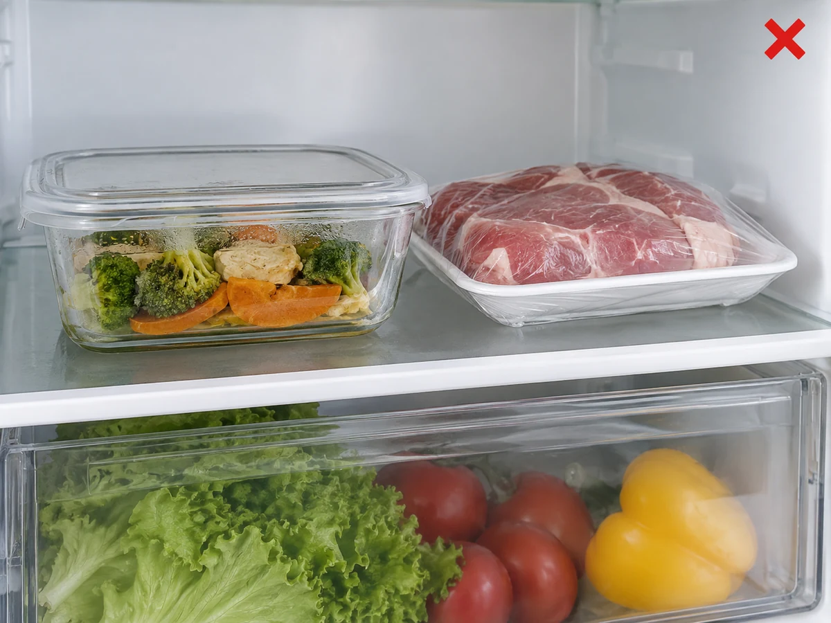 Storing with raw meat — Keep cooked food above or separate from raw food.
