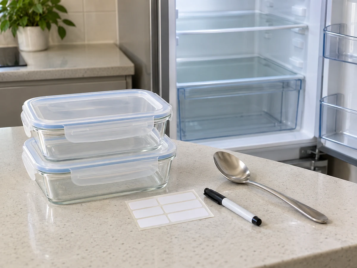 Shallow containers, food labels, date marker and refrigerator