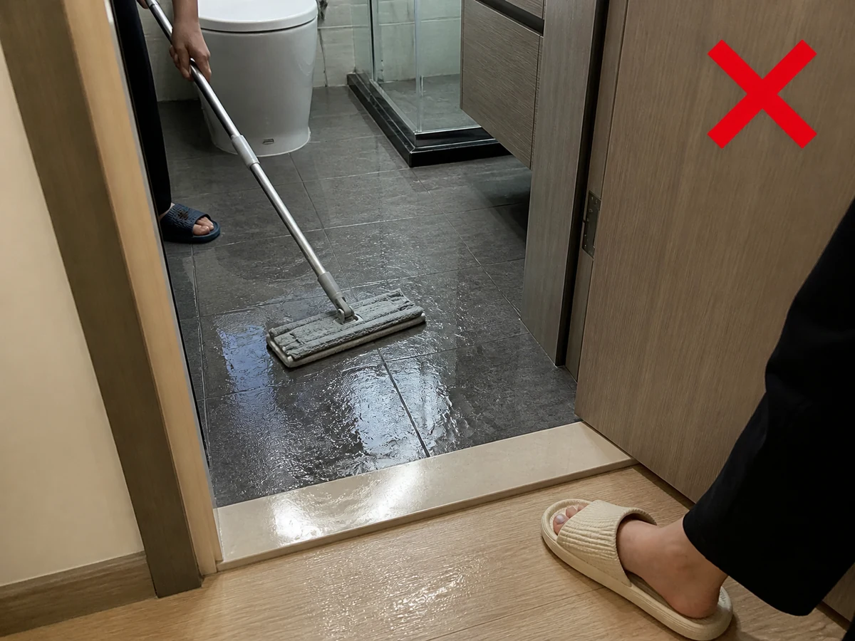 未放提示便開始抹地 — 先封鎖濕區，防止家人踏入。