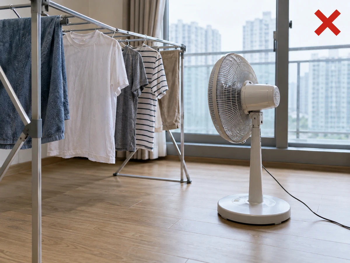 Kabel kipas melewati pakaian basah — Letakkan kipas atau dehumidifier di permukaan kering stabil dan jauhkan kabel dari air.