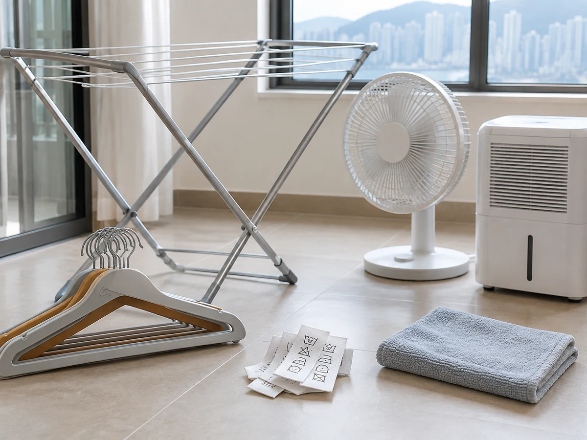 Cara Mengeringkan Cucian di Dalam Ruangan Saat Lembap — Gantungan dan rak jemur, Label perawatan, Kipas atau dehumidifier yang ditempatkan aman, Kain kering