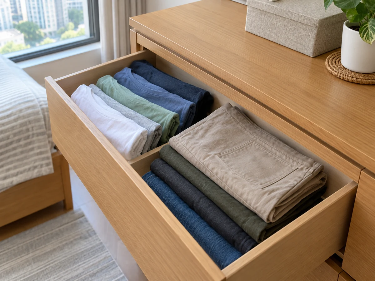 How to Fold T-shirts and Trousers for Drawers — Items safely arranged after cleaning with no visible soil left on the surfaces