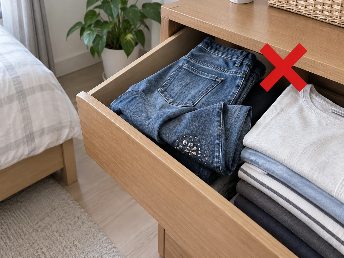 Hindi pantay ang pantalon o nadudurog ang palamuti — Pantayin ang mga binti ng pantalon at panatilihin ang dating plantsadong guhit, saka tupiin pataas sa baywang; huwag idiin ang matigas na palamuti sa manipis na tela.