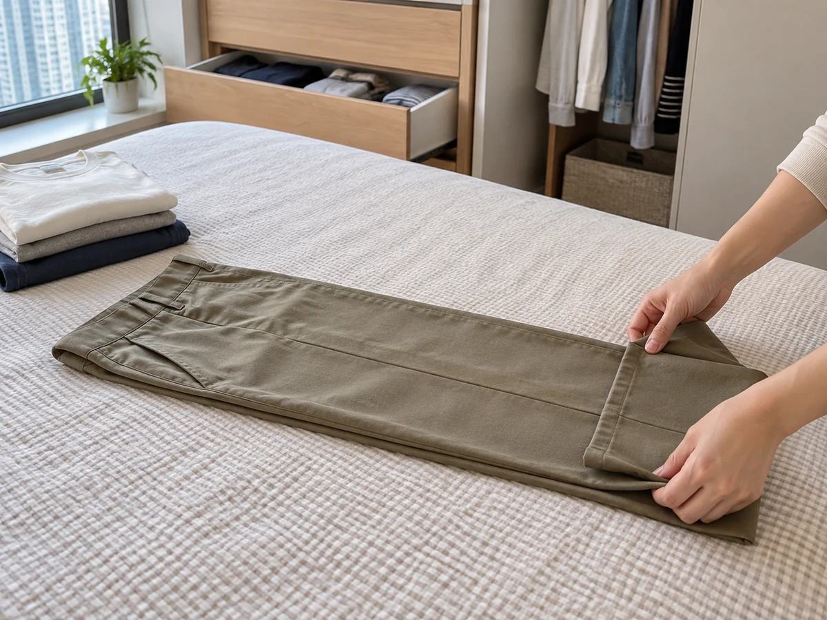 Paano Tupiin ang T-shirt at Pantalon para sa Drawer: Pantayin ang binti at plantsadong guhit