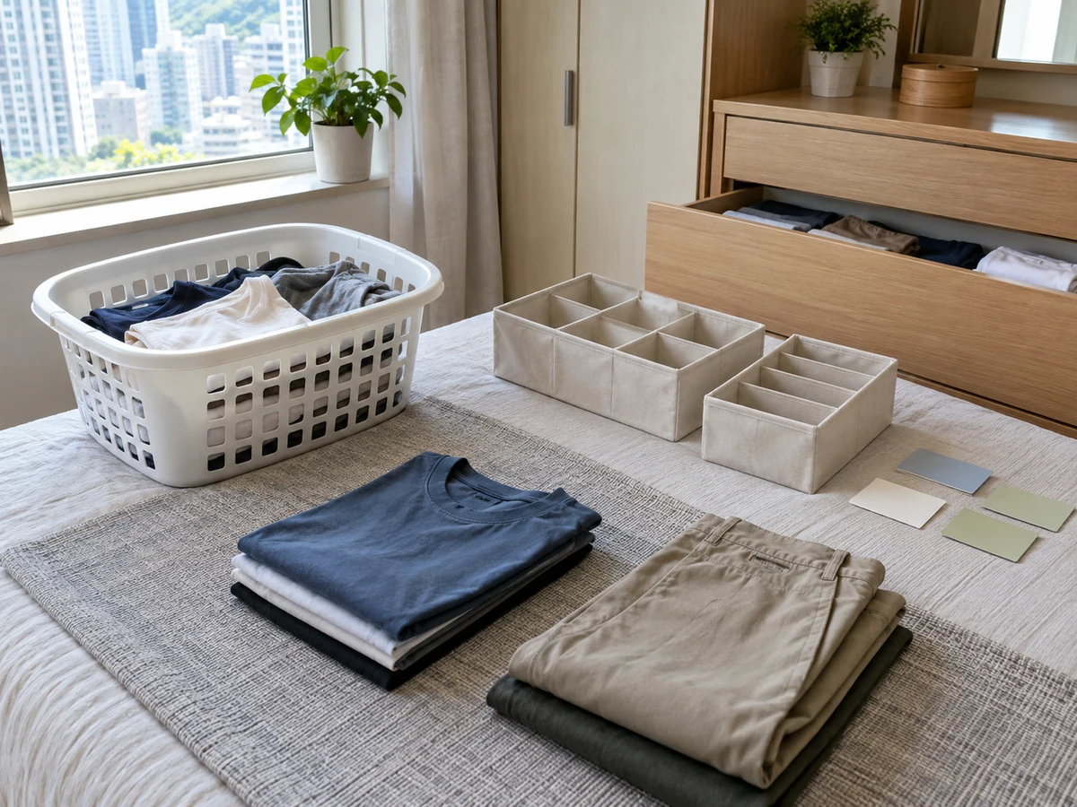 Paano Tupiin ang T-shirt at Pantalon para sa Drawer — Malinis na patungan ng damit, Tuyong basket ng labada, Mga divider ng drawer, Mga label ng paghihiwalay