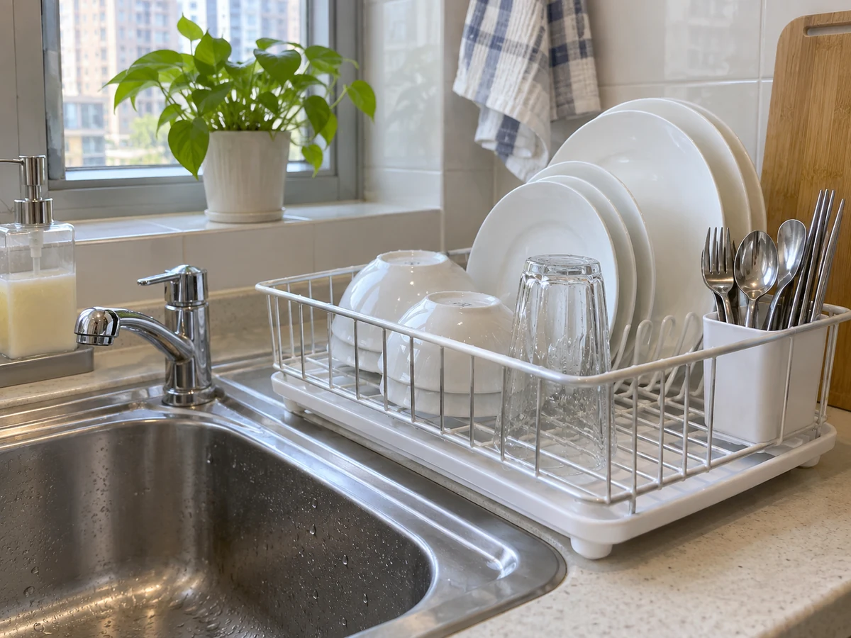How to Hand-wash Dishes and Cutlery — Items safely arranged after cleaning with no visible soil left on the surfaces
