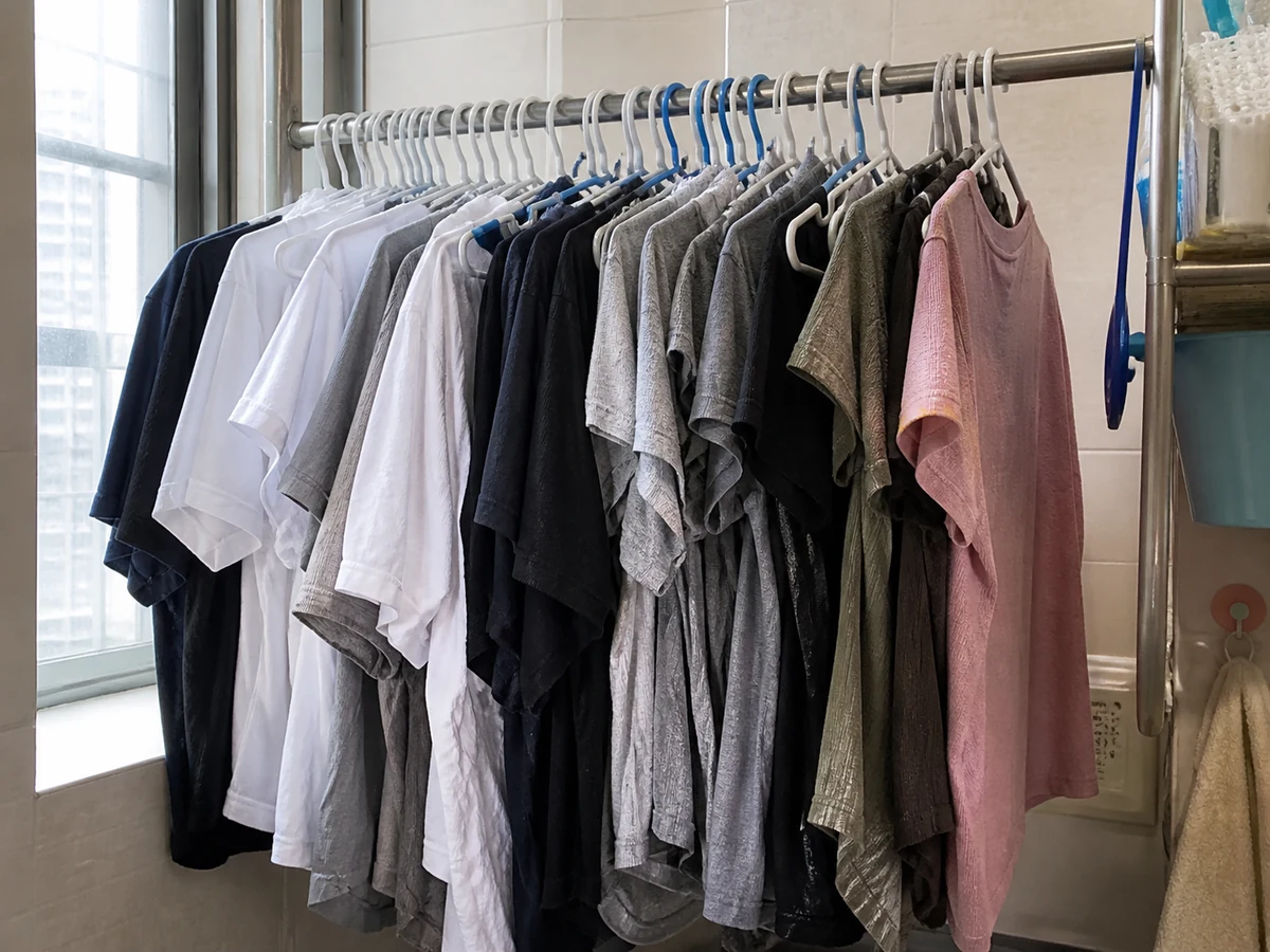 濕衣物緊貼重疊。 — 每件衣物留出空位,厚位置要展開。
