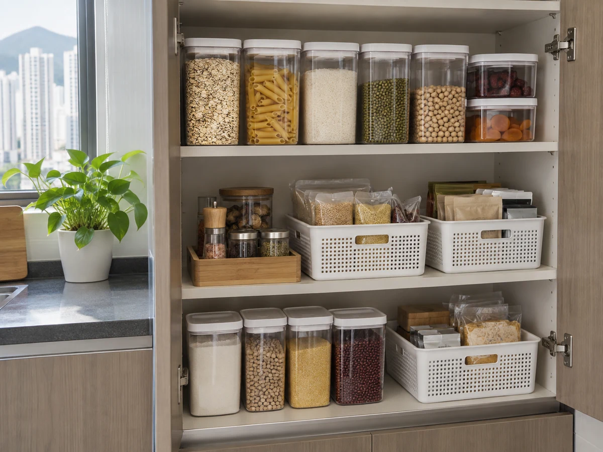 How to Organise a Dry-food Pantry and Check Packaging — Items safely arranged after cleaning with no visible soil left on the surfaces