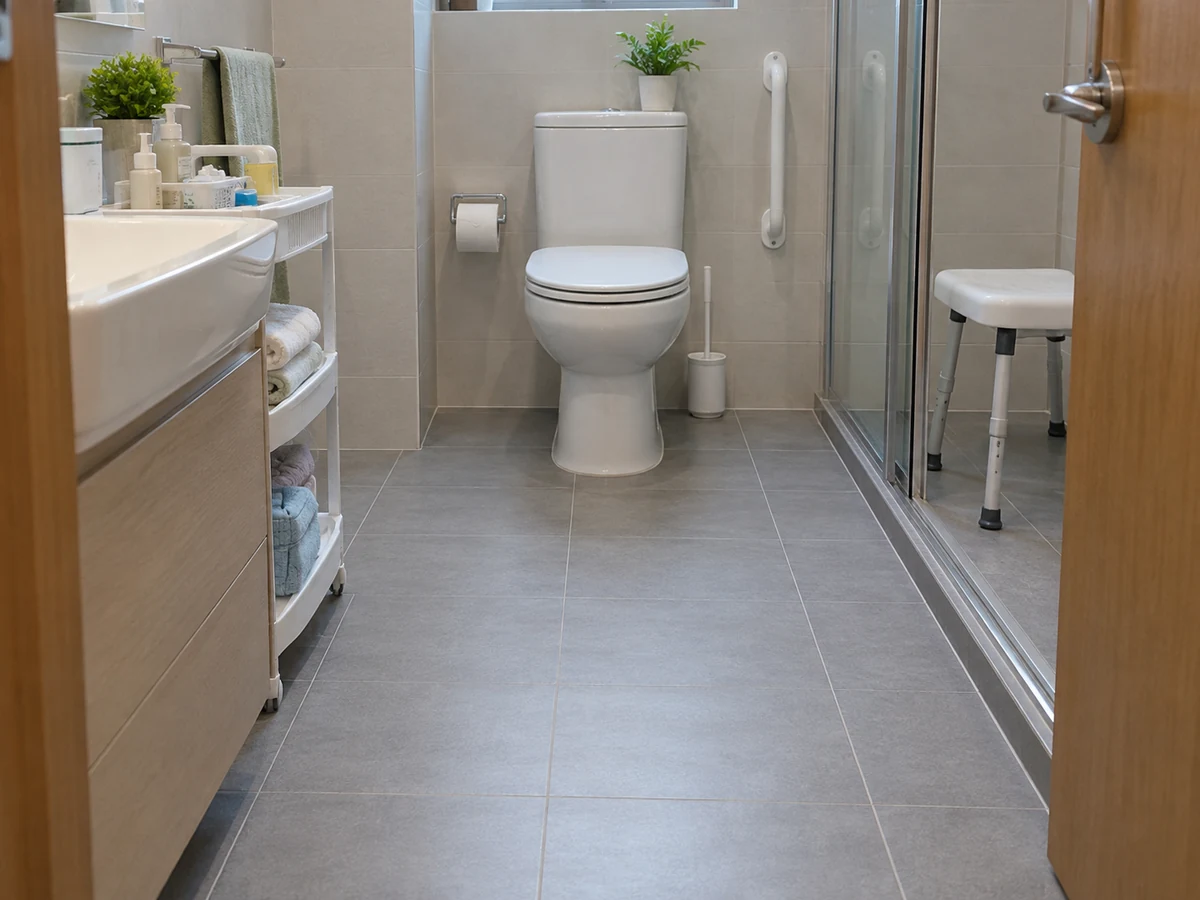 Organise an Elderly Person’s Bathroom Supplies and Keep the Route Safe — clear floor route from doorway to toilet