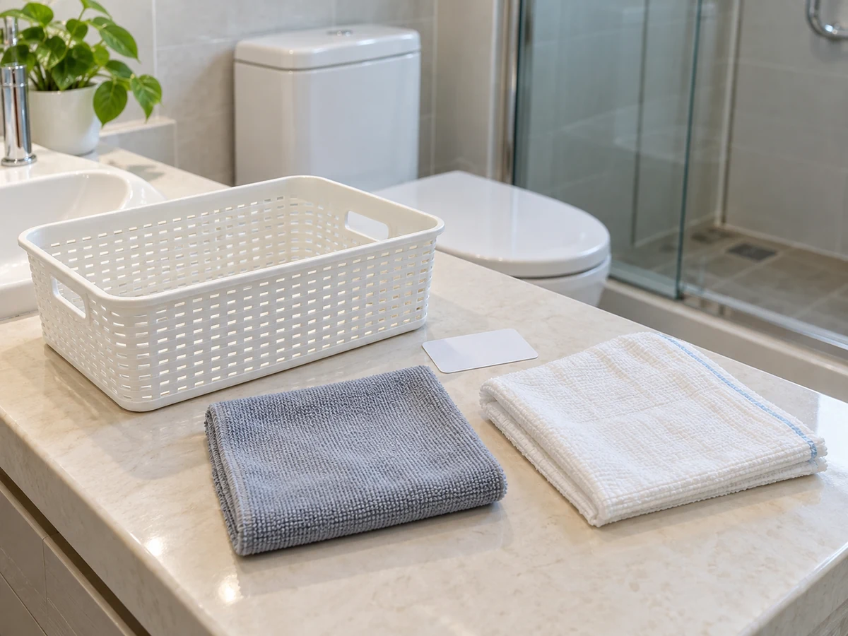 Ayusin ang mga Gamit sa Banyo ng Nakatatanda at Panatilihing Ligtas ang Daan — Aprubadong basket o tray, Tuyong microfiber na tela, Pansipsip na tela sa sahig, Label