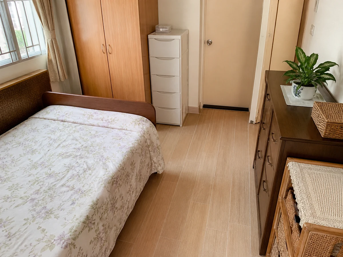 Safe completed household scene for how to organise an elderly person’s bedroom and clear pathways in an ordinary Hong Kong home