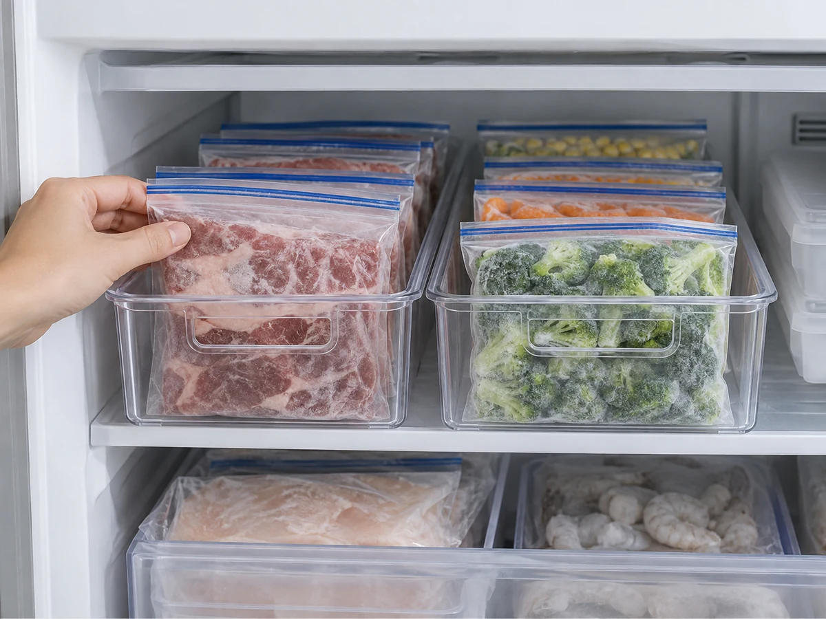 Dated freezer bags in clear bins with the earliest dates placed at the front