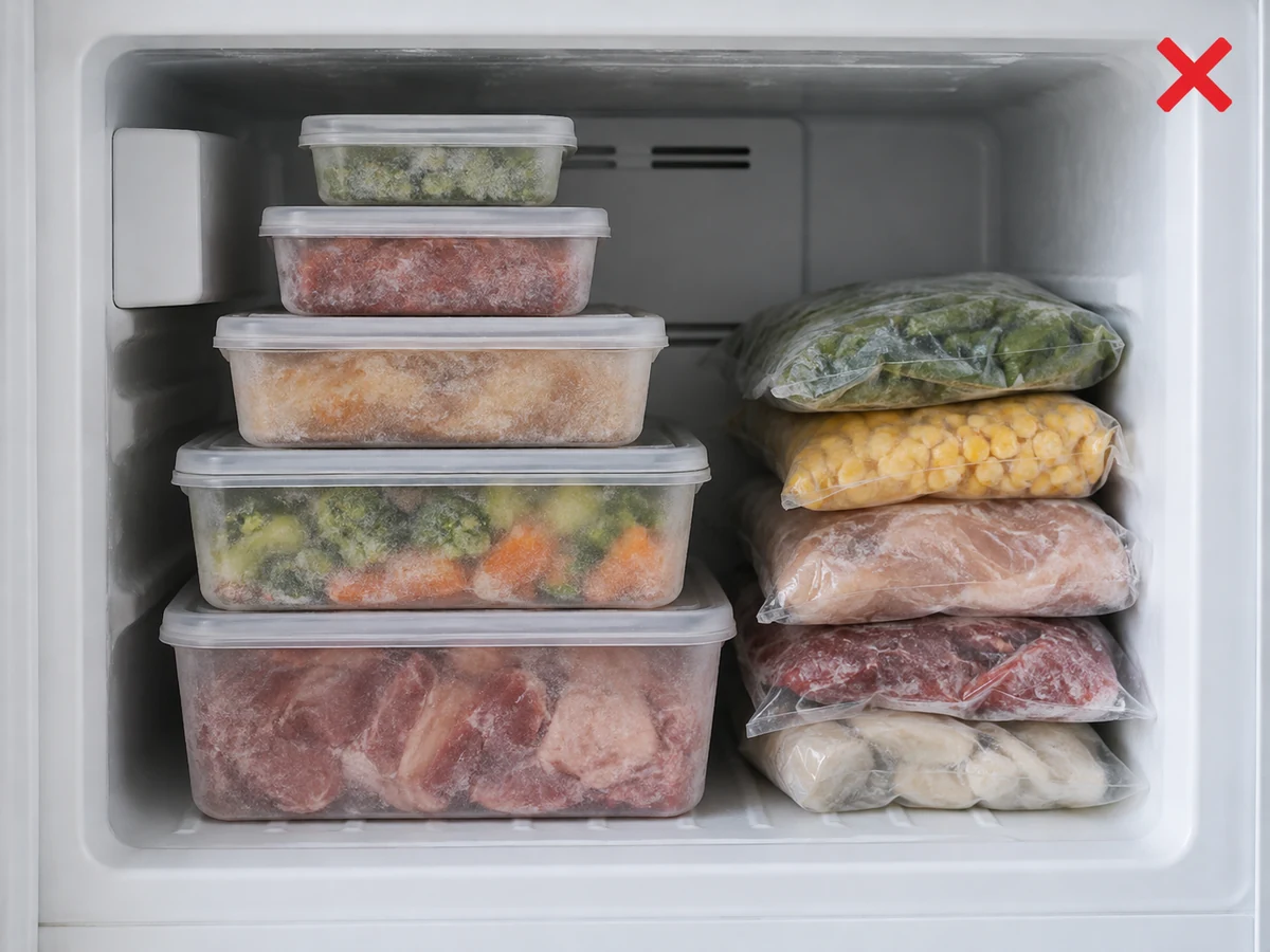 Stacking by size only — Arrange by food type and date so older food stays visible.