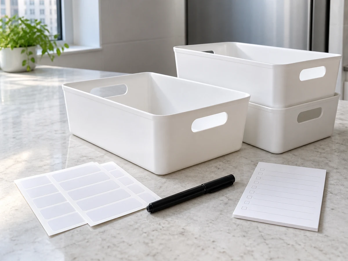 Waterproof labels, black date marker, white freezer bins and inventory card