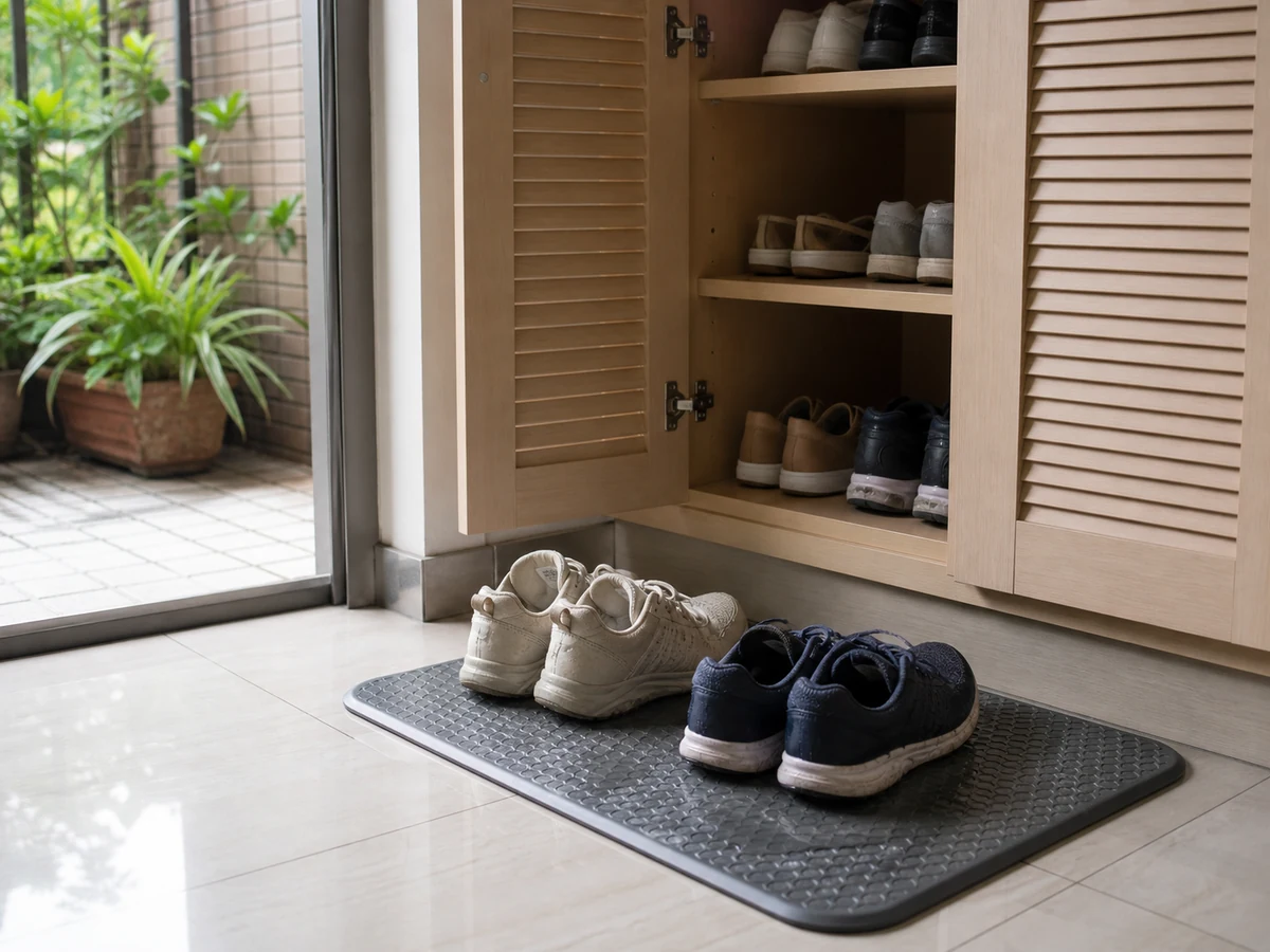 Closing wet shoes in the cabinet — Dry fully in a ventilated drip-safe location first.