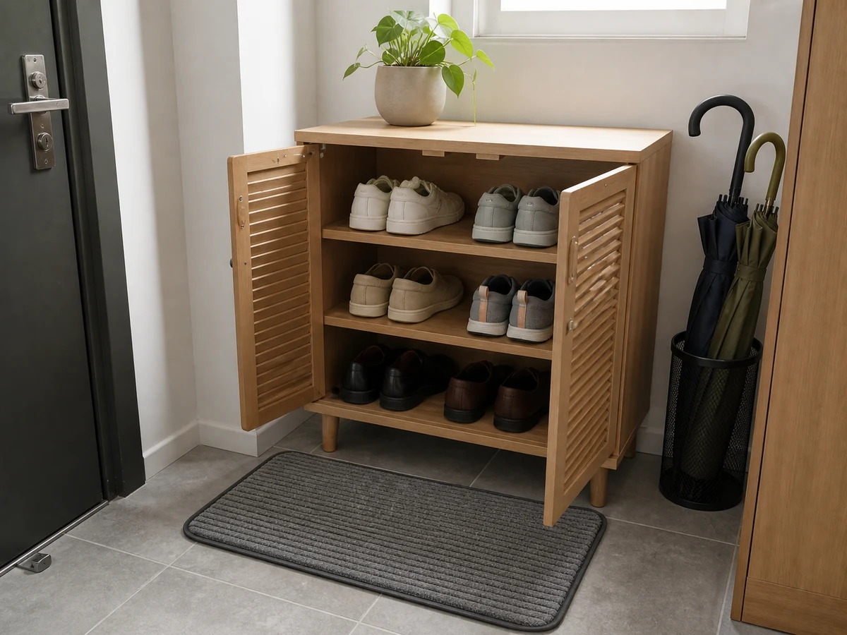 Storing cleaning chemicals in the shoe cabinet — Keep chemicals in original labelled containers inside a designated locked cabinet.