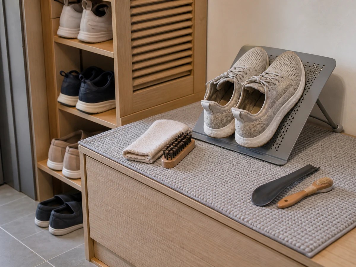 Neatly arranged household tools for how to organise a shoe cabinet and reduce odour