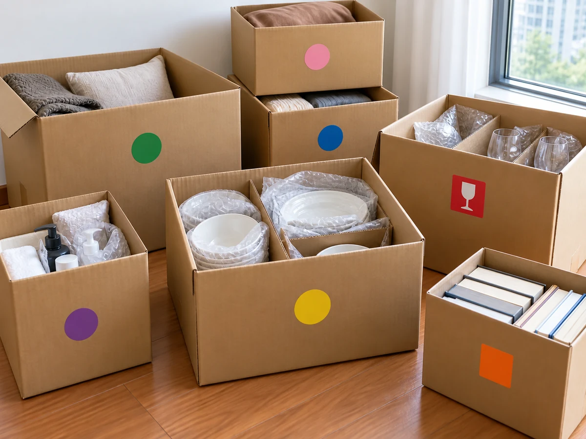 Pack and Label Moving Boxes by Room and Fragility — clearly labelled moving boxes with fragile items cushioned and heavy items in small boxes