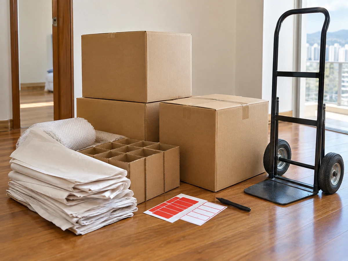 Mag-impake at Mag-label ng Moving Box ayon sa Kuwarto at Karupukan — Matibay na moving box, Packing paper o divider, Marker at fragile label, Hand trolley
