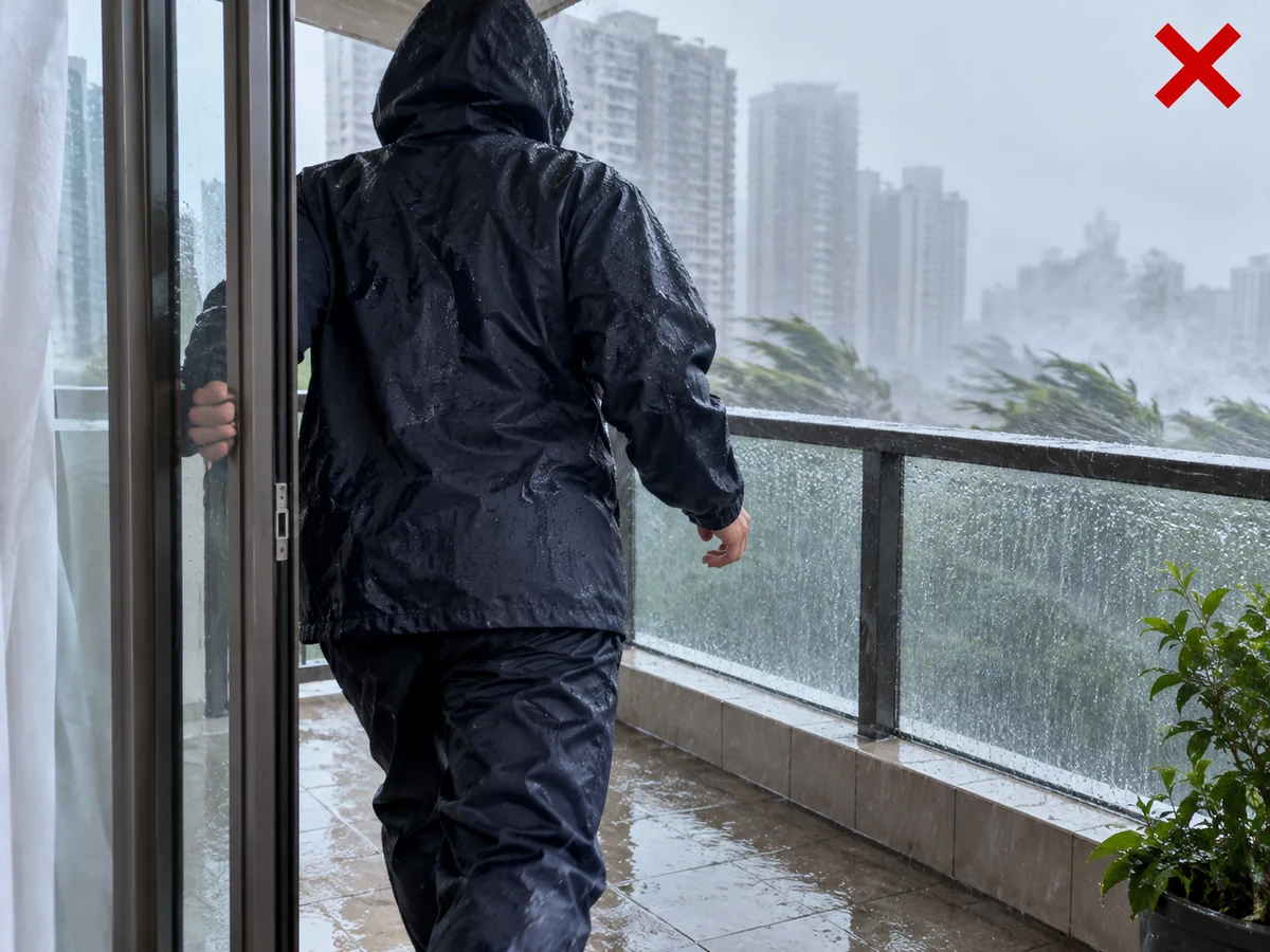 風雨已強仍到露台收物 — 只在風雨未強時於室內處理。