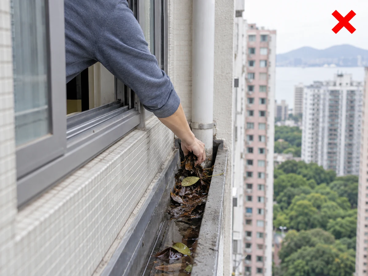 探身出窗清外側排水 — 只清理安全可及的表面葉屑。