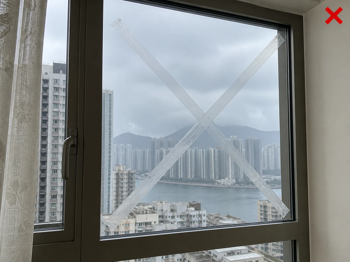 以為貼膠紙可保證玻璃不破 — 鎖窗關門並保持遠離當風玻璃。
