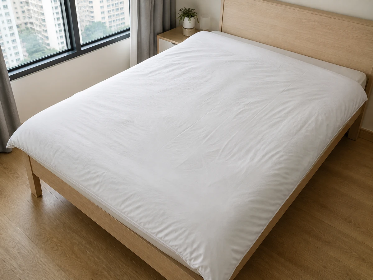 A duvet cover laid flat with the insert evenly positioned inside