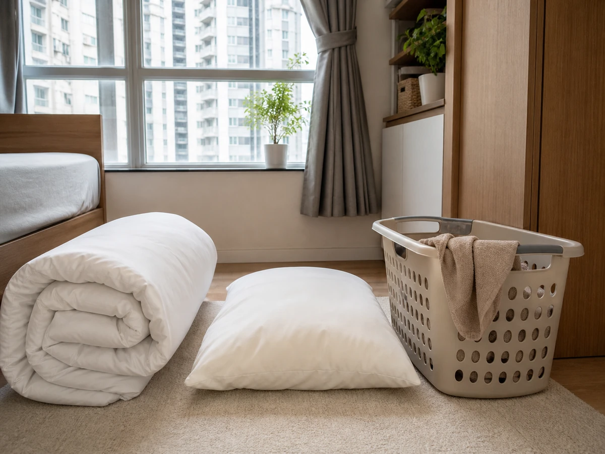 Correct-size clean duvet cover, dry insert and laundry basket