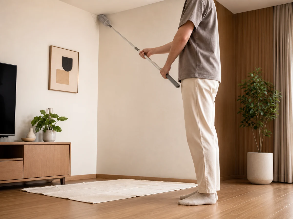How to Remove Ceiling-corner Cobwebs with a Long Tool — clean, dry and safely restored result