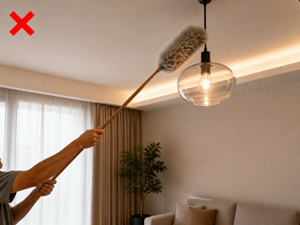 在吊燈旁快速揮動 — 先評估距離，避開電器和易碎物。