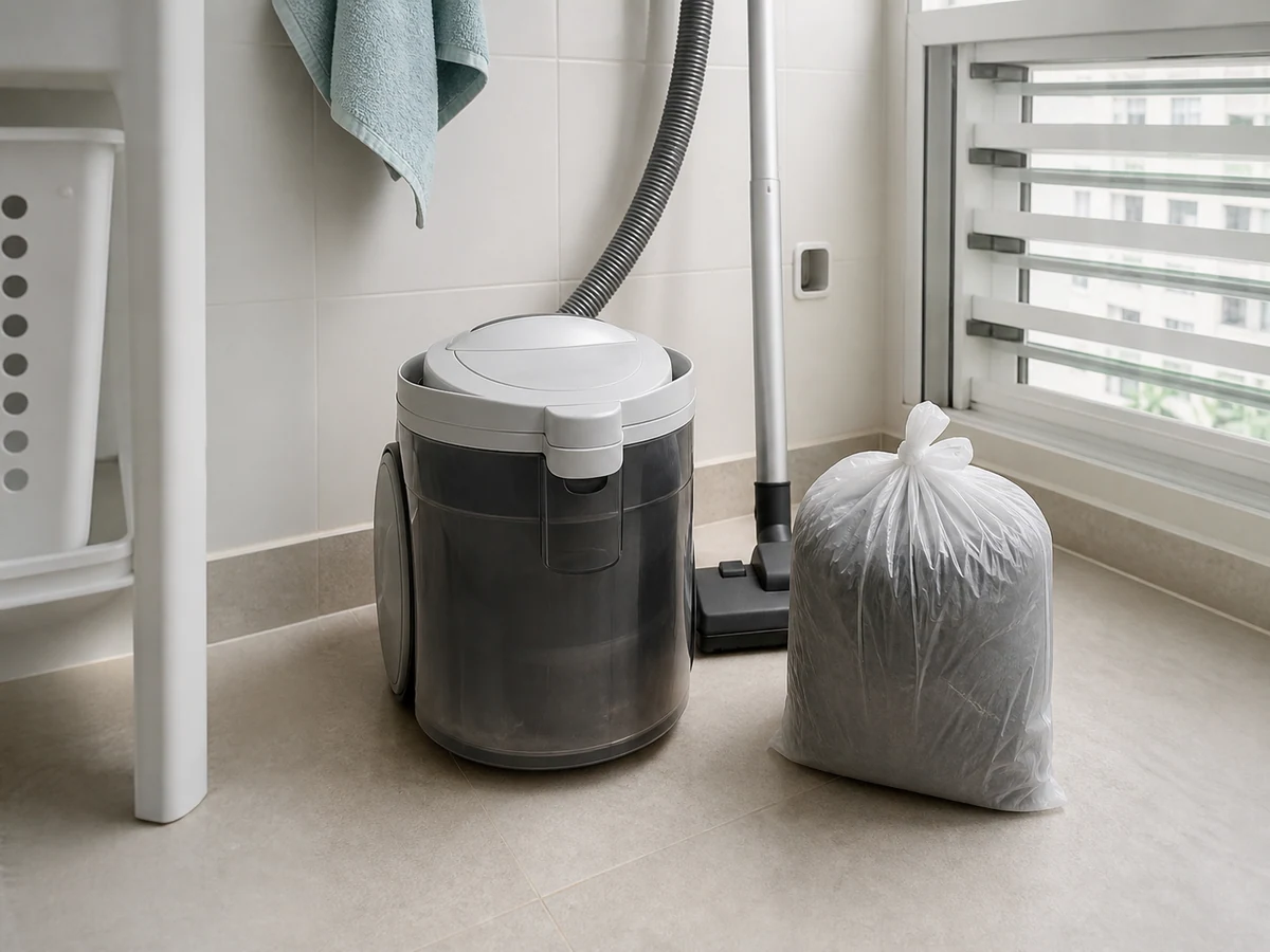 Shaking the vacuum bin indoors — Handle gently and seal waste where loose hair can be contained.