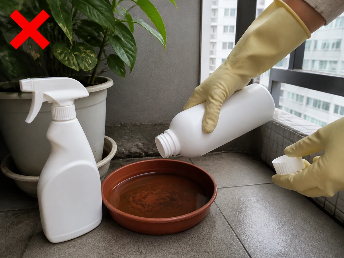 Menambah pestisida atau pemutih sendiri — Pelajaran ini hanya membuang air; bahan kimia diputuskan majikan sesuai petunjuk resmi.