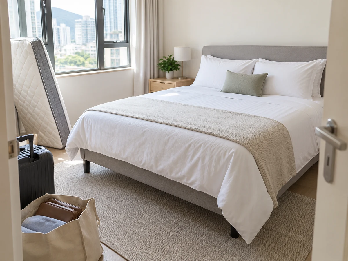 Reset a Guest Room and Change Bedding after a Stay — guest room with fresh dry bedding, ventilated mattress and guest belongings set aside for the owner