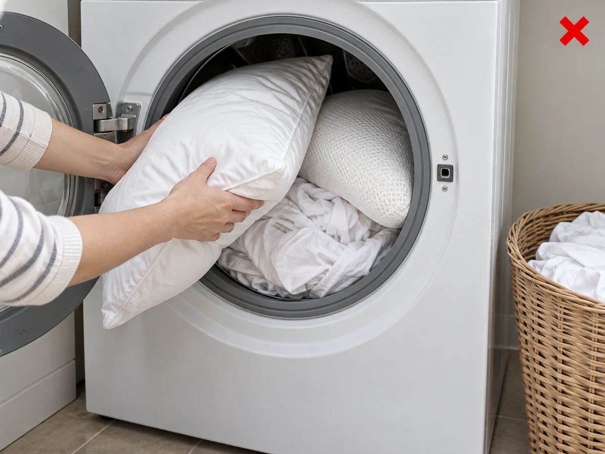 Washing every pillow or protector with sheets — Read each care label and separate non-washable or special items.