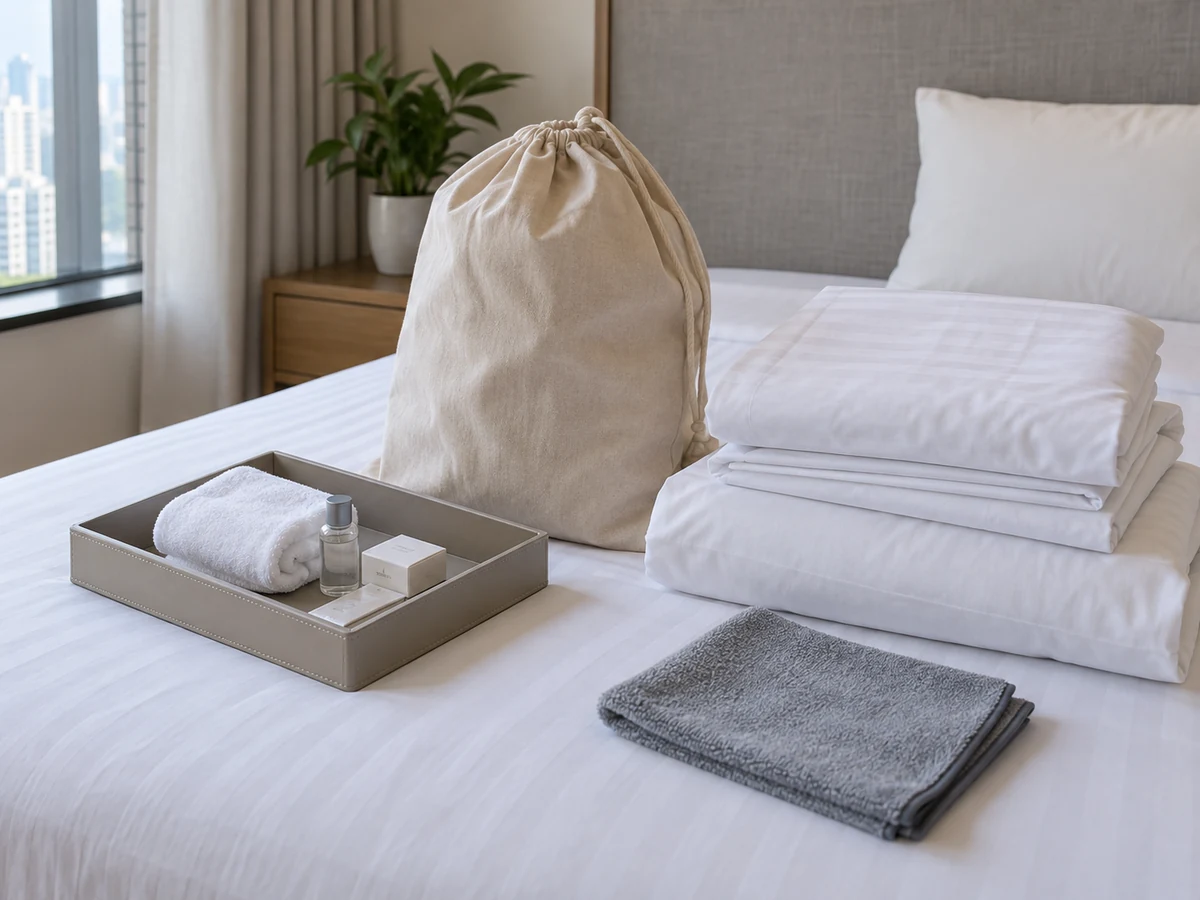 Reset a Guest Room and Change Bedding after a Stay — Guest-property tray, Laundry bag, Fresh labelled bedding, Room-specific dust cloth