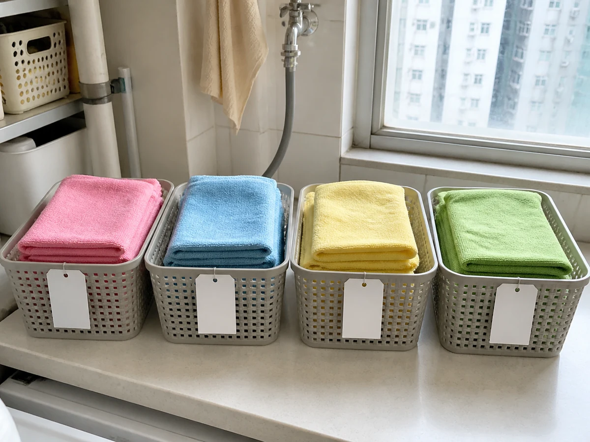 Different coloured cloths placed in separate baskets marked with simple shapes