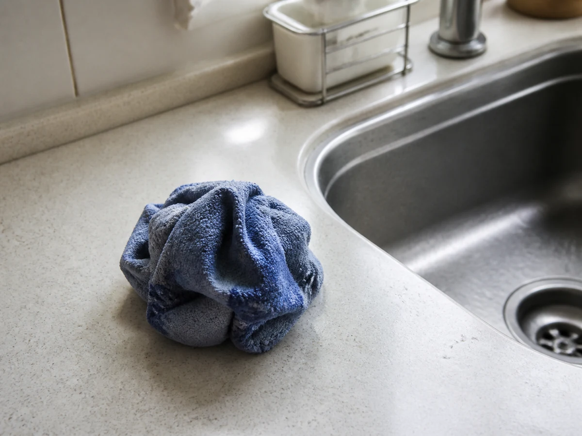 Leaving a wet cloth balled up beside the sink. — Wash it and open it fully to dry before storage.