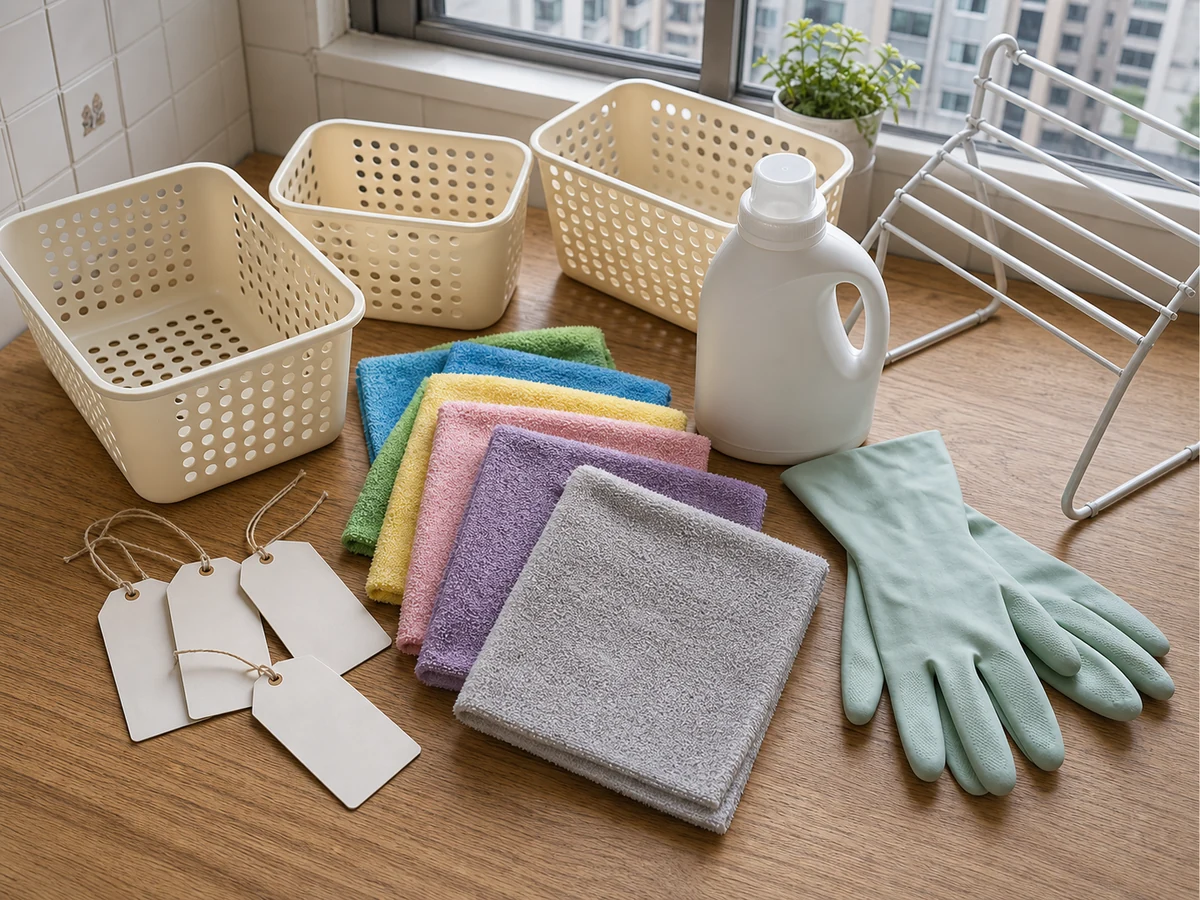 Washable cloths, separate baskets, washable shape tags and drying rack