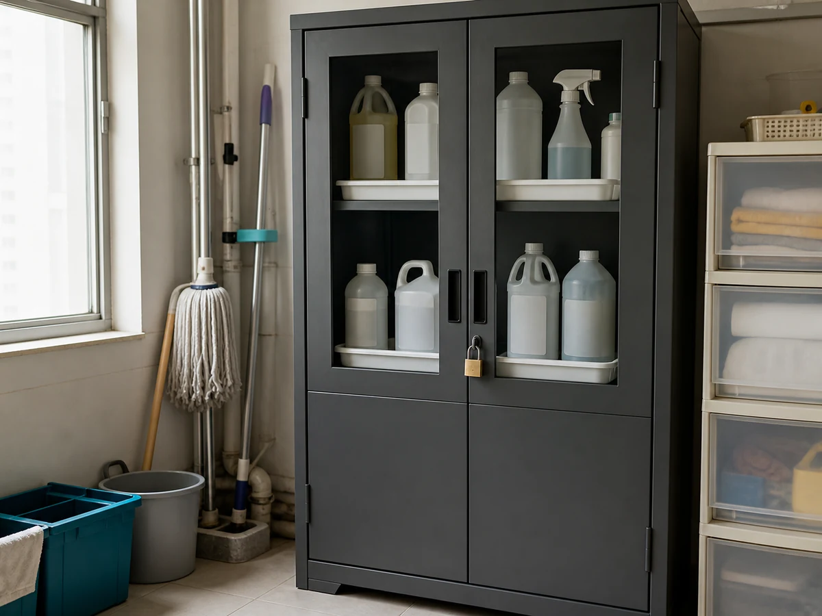 Safe completed household scene for how to store cleaning products safely in an ordinary Hong Kong home