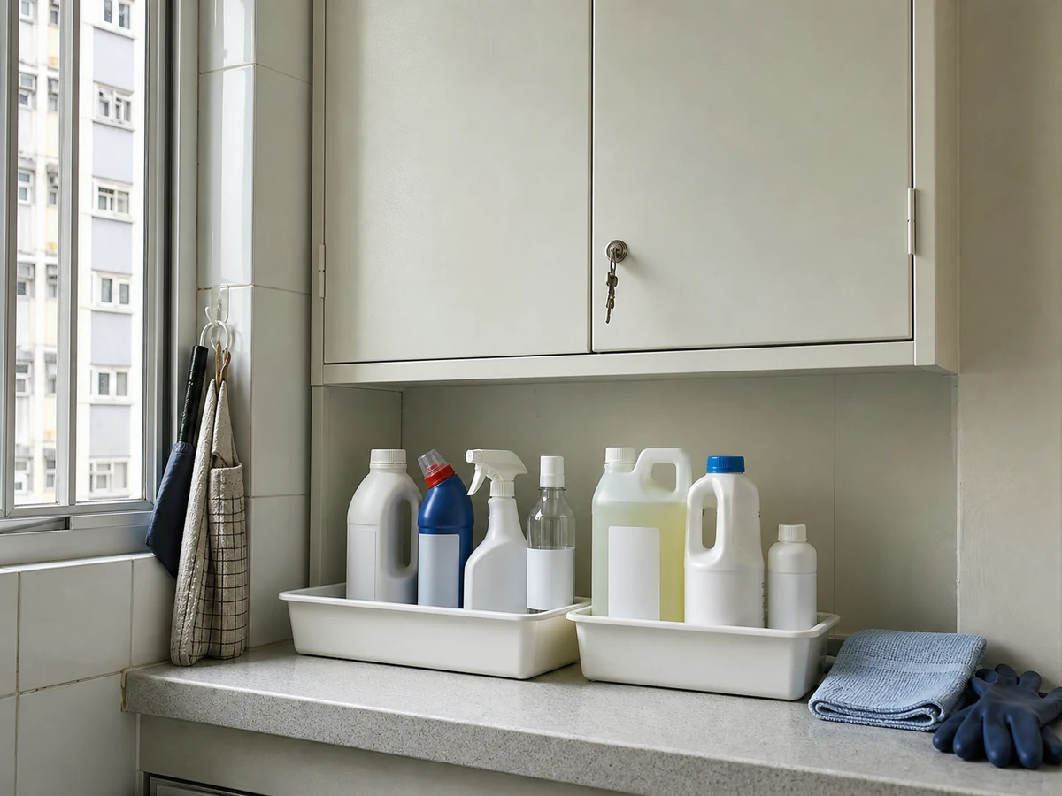 Neatly arranged household tools for how to store cleaning products safely