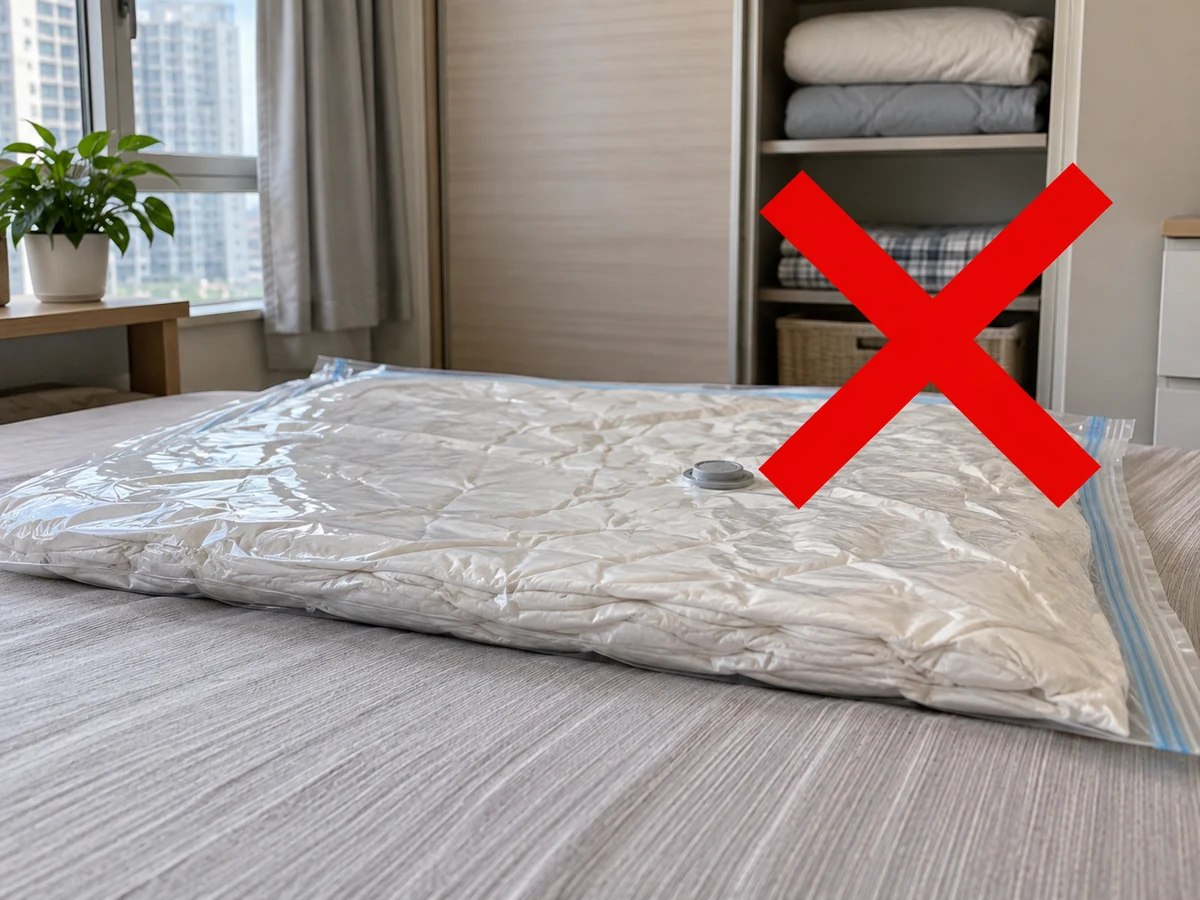 Memampatkan semua isian setipis mungkin — Pastikan petunjuk perlengkapan tidur serta kantong mengizinkan kompresi; jangan vakum bulu angsa, wol, memory foam, atau isian tak dikenal tanpa kepastian.