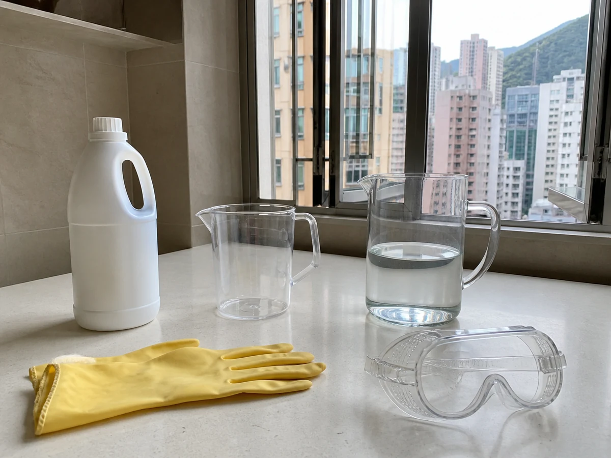A ventilated cleaning area with original bleach bottle, measuring jug, cold water and gloves separated