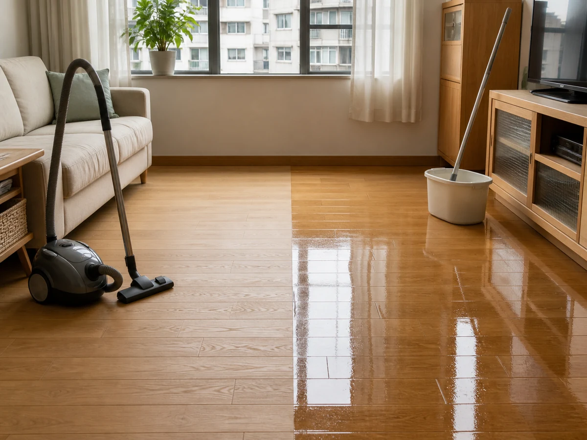 A tidy living room with one side vacuumed and the other being damp-mopped