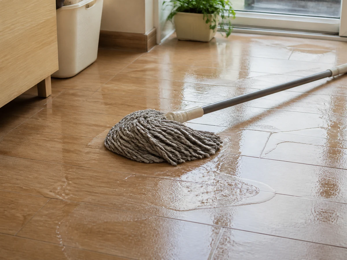 Using a soaking-wet mop on every floor. — Control water by the floor requirements, especially for wood.