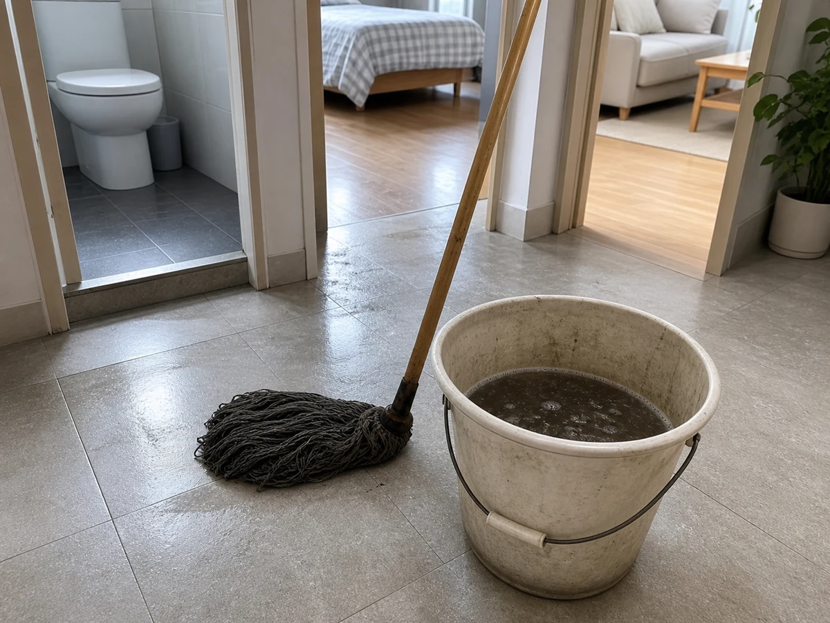 Using one bucket of dirty water throughout the home. — Rinse by zone and change visibly dirty water.