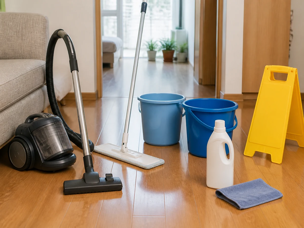 Vacuum, mop, buckets, floor-safe cleaner and wet-floor marker