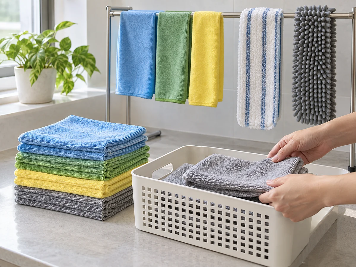 Wash and Dry Cleaning Cloths and Reusable Mop Pads — Separate cleaning textiles by zone, material and care label; return them only when fully dry.