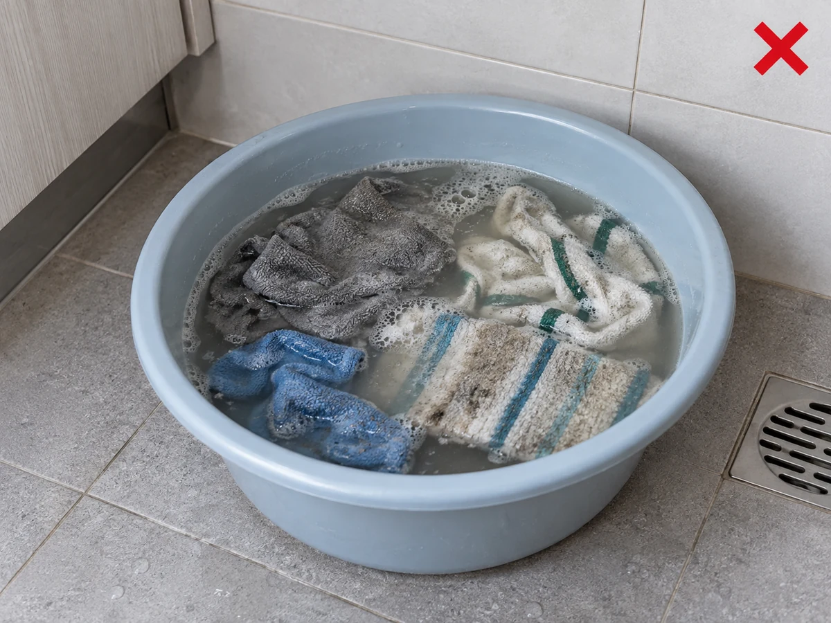 Leaving soiled cloths soaking for a long time — Stop the long soak; wash, rinse and dry by the care label.