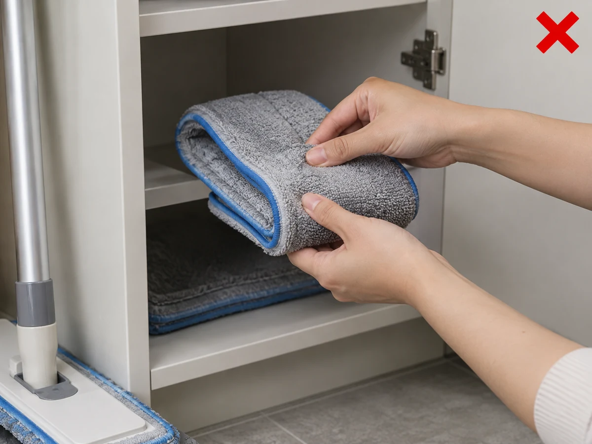 Folding away a damp mop pad — Lay the pad open and store it only when thick edges are fully dry.