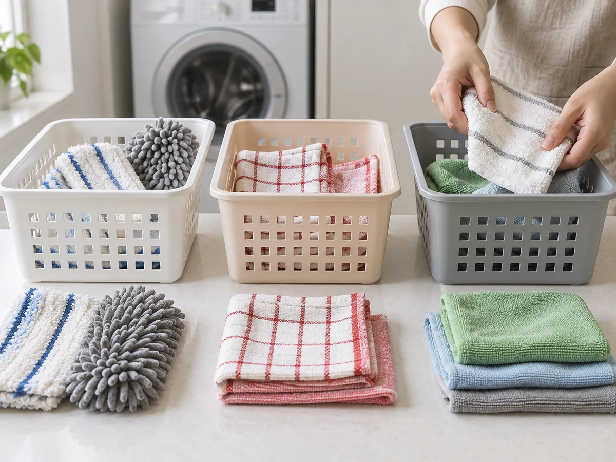Wash and Dry Cleaning Cloths and Reusable Mop Pads: Separate toilet, kitchen and general-area textiles